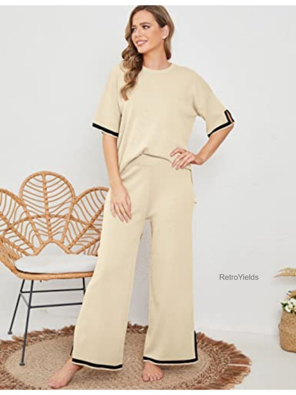 Womens Knit 2 Piece Sweater Set Short Sleeve Top Wide Leg Lounge Pants - Picture 3 of 6